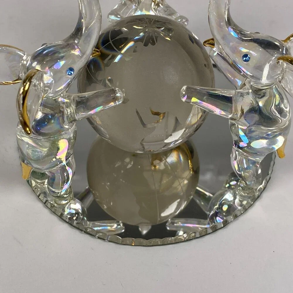 3 Hand Blown Glass Elephants on Globe Figurine Blue Rhinestone Eyes Mirror Base - Picture 9 of 11